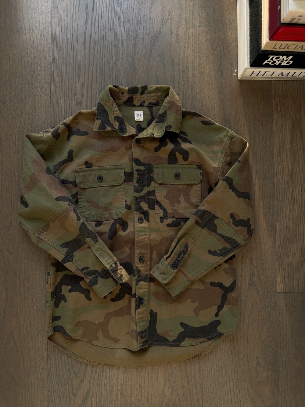 GAP Boy Camouflage Button-Up Field Jacket - Olive Camo. Size 8-10years